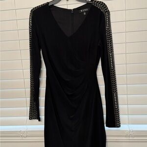 Guess Black Embellished Ruched Long Sleeve Sheath Dress
